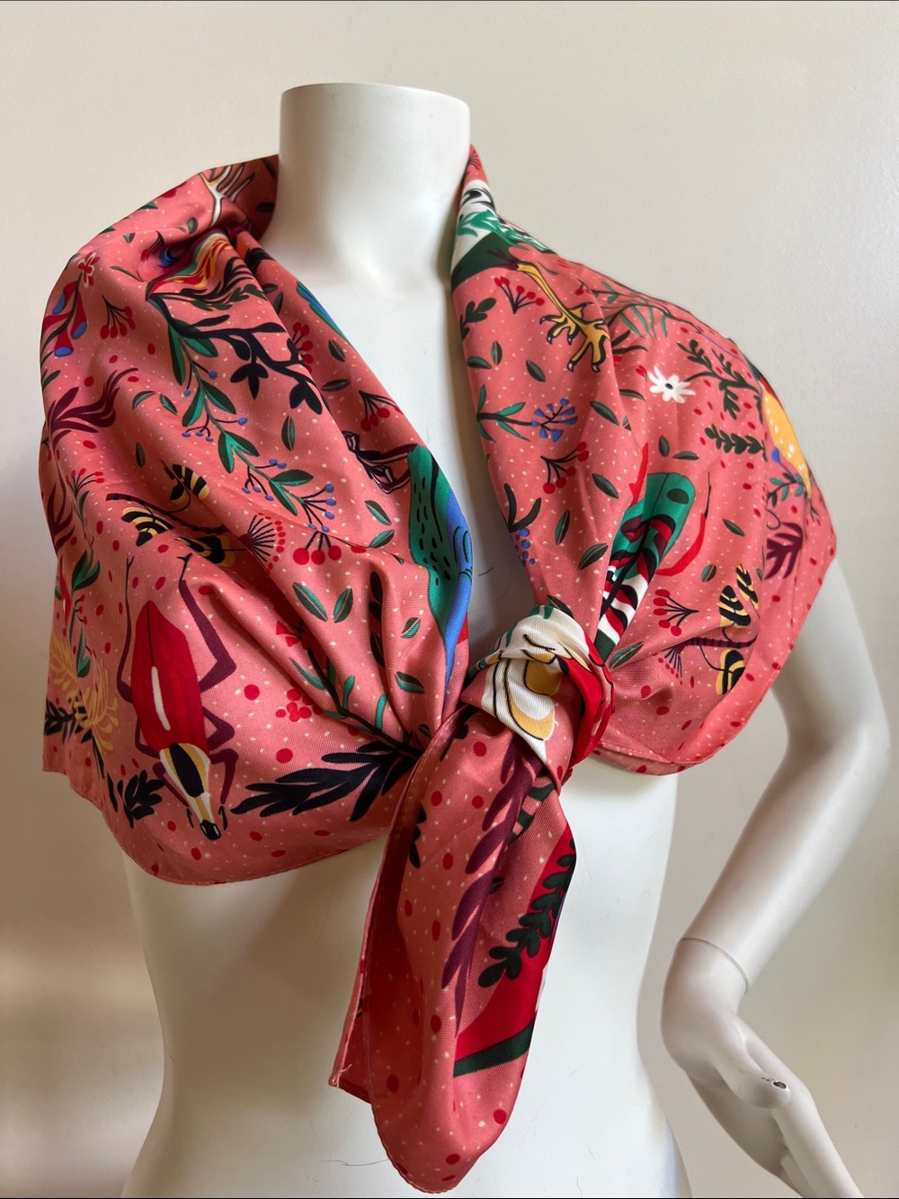 Vibrant Coral Bird & Botanical Print scarf Wrap handkerchief top accessory - Picture 3 of 8